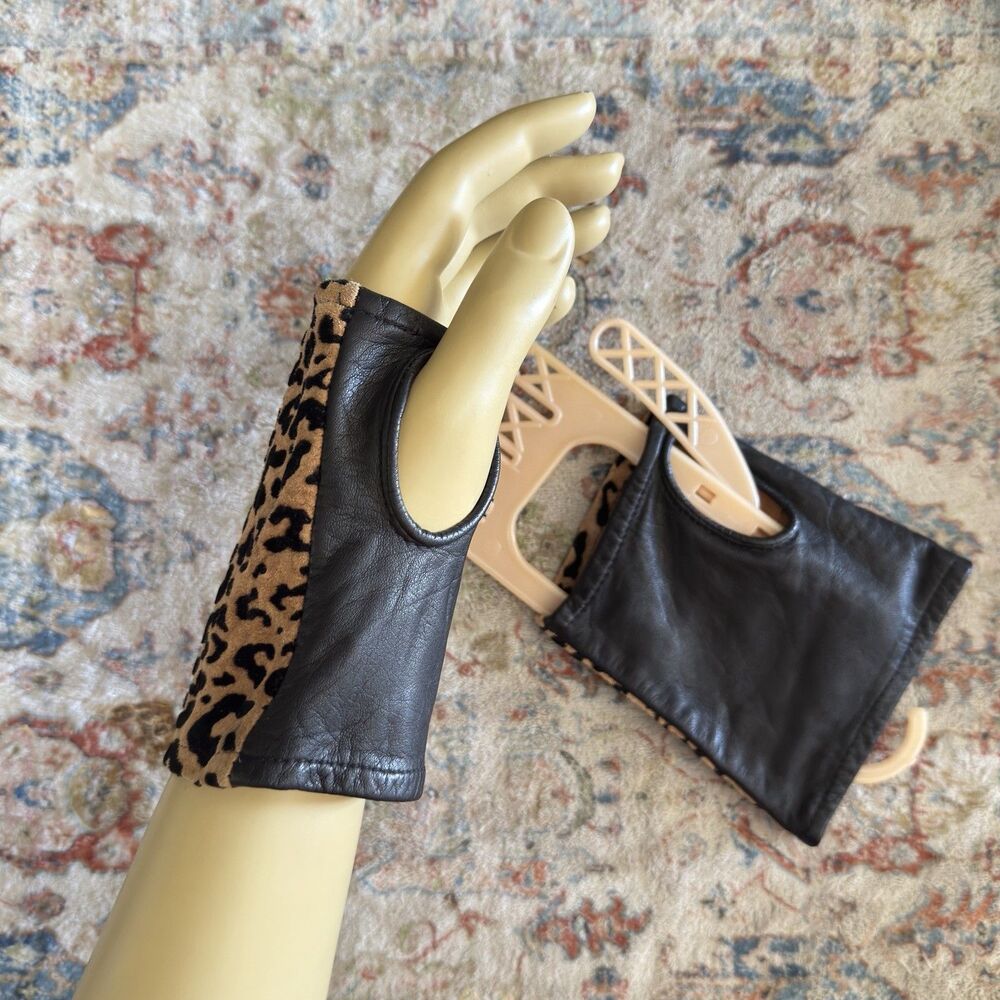 Vintage 1980s Style Leopard Leather Fingerless Wrist Gloves Sony Studios Costume